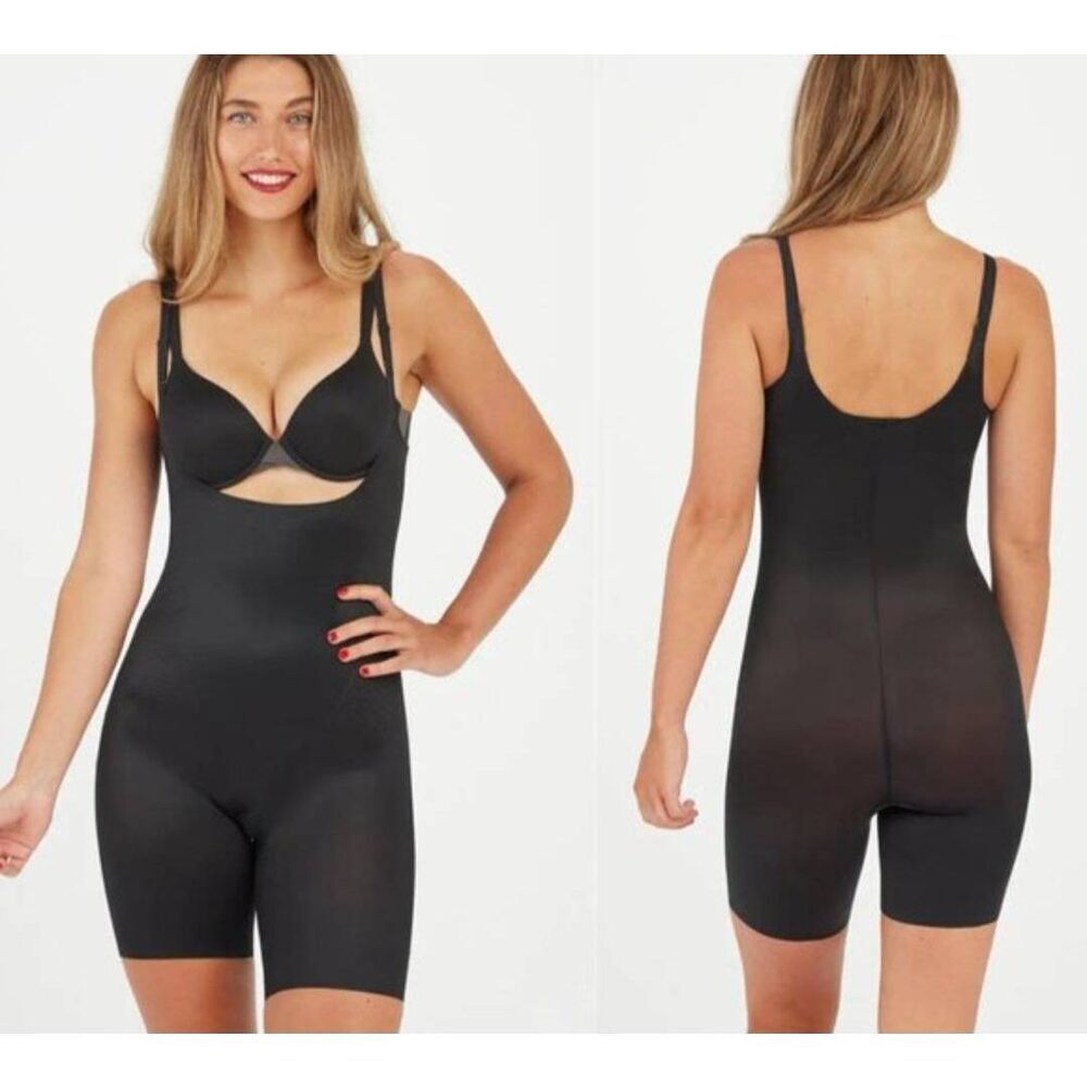 NWT Spanx Open Bust Mid-Thigh Bodysuit very black Sz XL